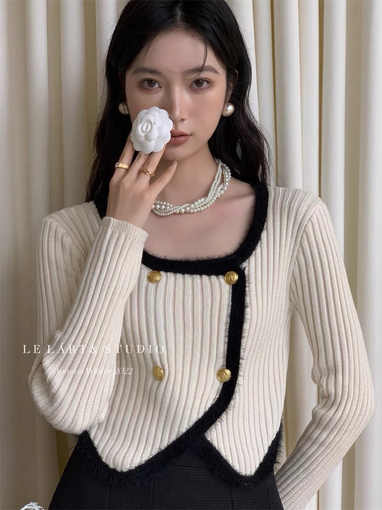 小香風拼色方領毛毛針織衫女春裝不規則修身上衣復古長袖短款毛衣