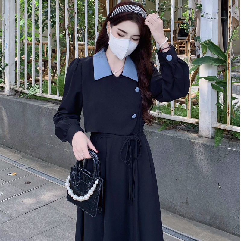 Korean brushed 2023 autumn and winter design fake two-piece dress polo collar waist tie slimming long skirt