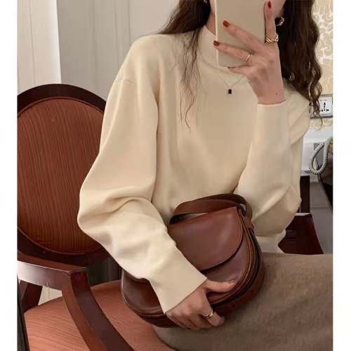 Half turtleneck sweater bottoming shirt for women autumn and winter thickened solid color long-sleeved top 2023 new style western style sweater