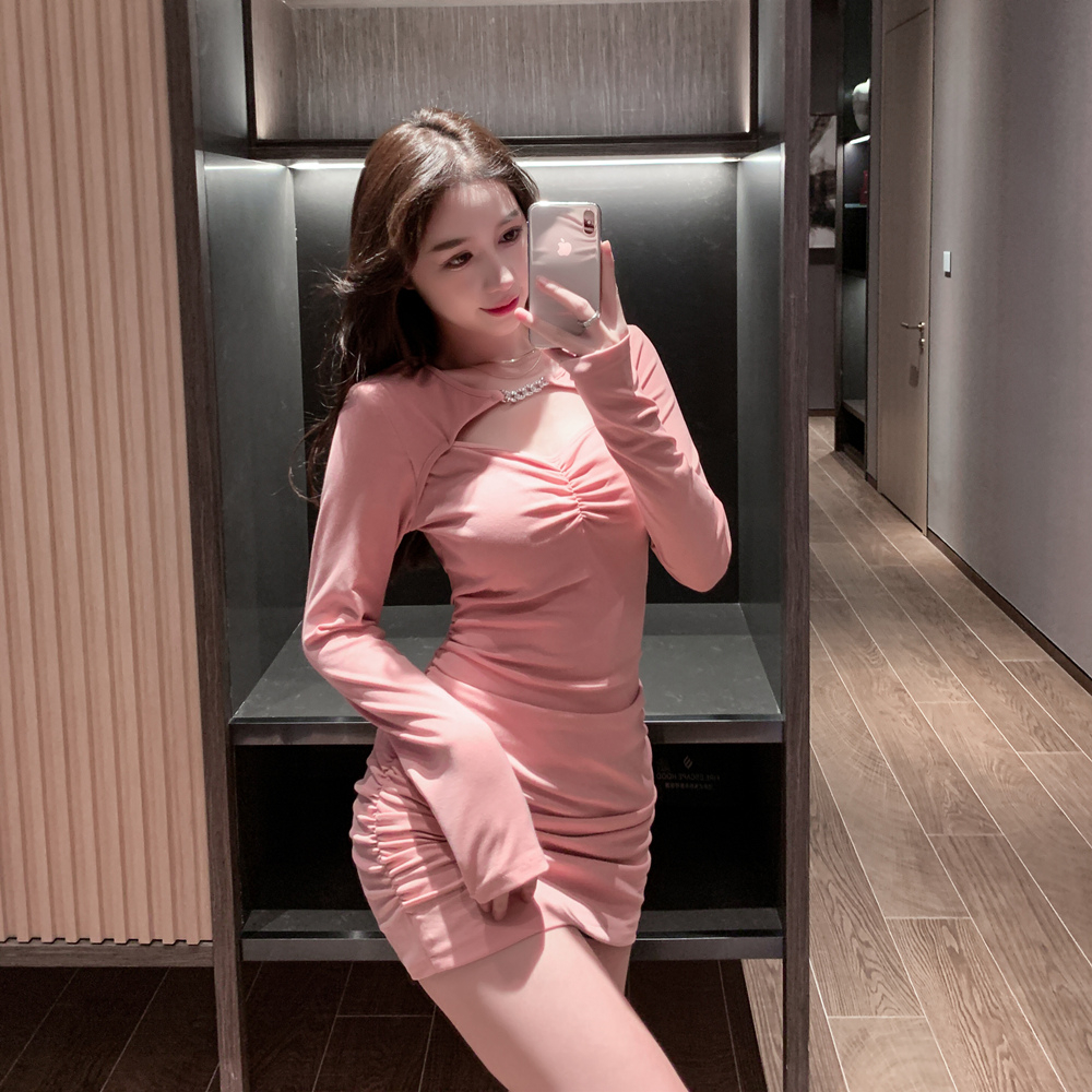 純欲風性感辣妹假兩件連衣裙女春秋新款法式氣質收腰鏤空包臀短裙