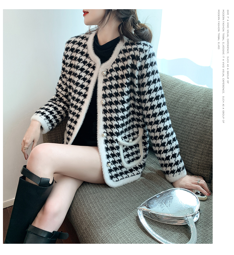 Autumn and winter new style small fragrant houndstooth imitation mink velvet jacket short loose slimming knitted cardigan women's top