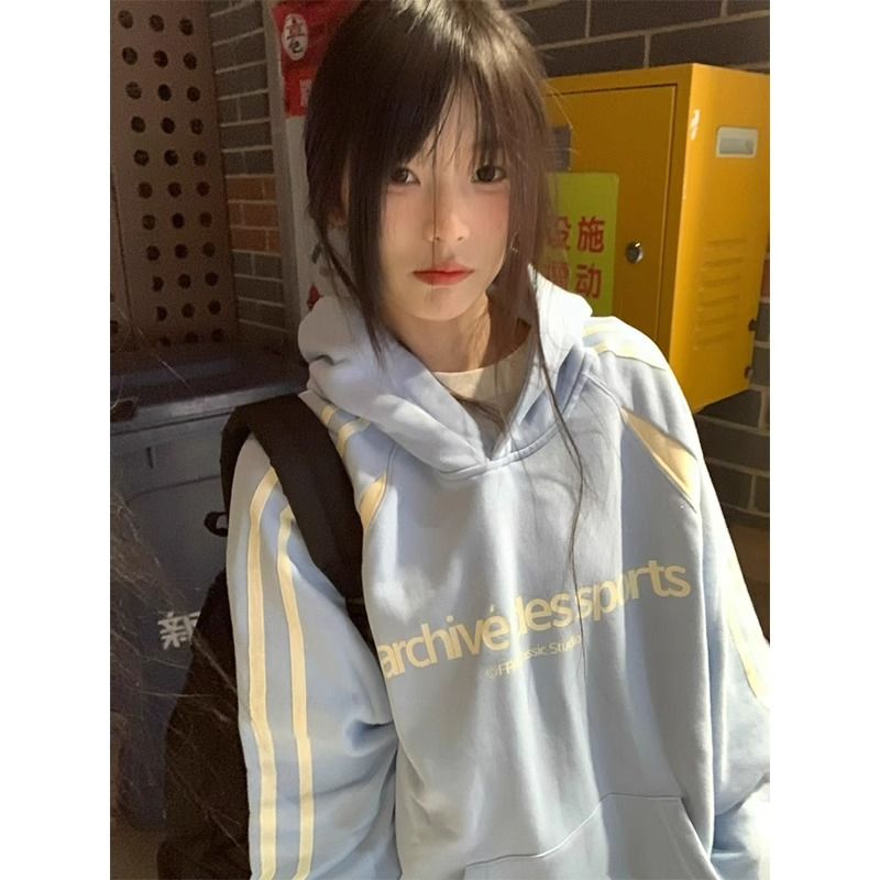Imitation cotton composite silver fox velvet contrasting letter hooded sweatshirt for women loose velvet thickened top
