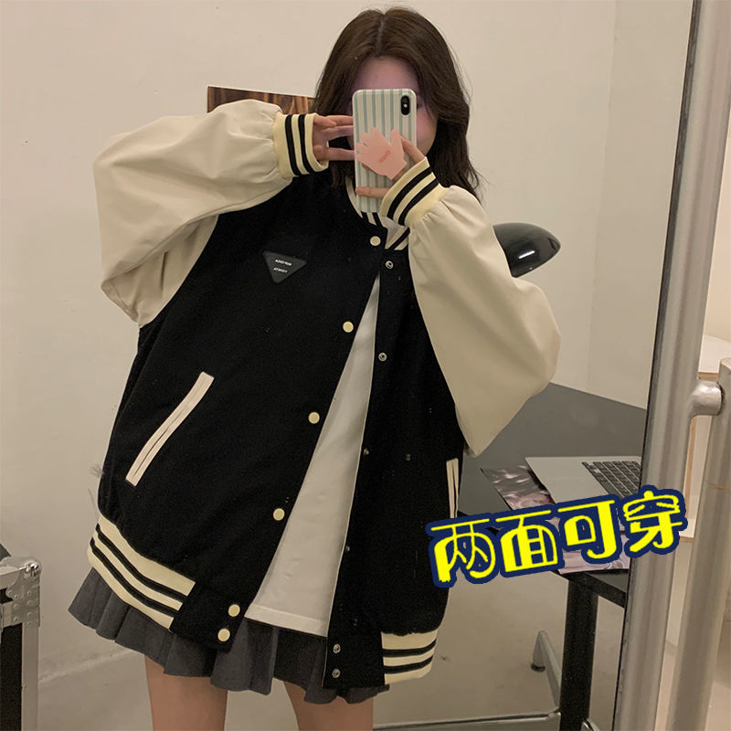 American retro baseball uniform jacket for women spring and autumn 2023 new student loose casual reversible jacket top