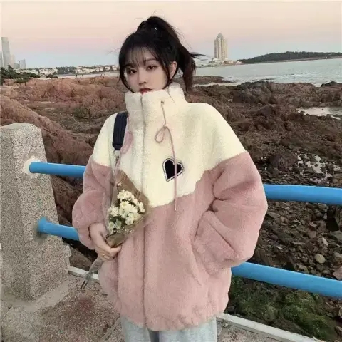 Lamb fleece jacket women's autumn and winter clothing 2023 new junior high school and high school students Korean style loose thickened splicing cotton clothing trendy