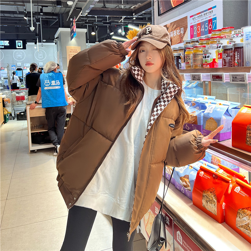 2023 winter thickened stand-up collar checkerboard loose medium and long coffee color student couple cotton coat jacket short cotton coat for women