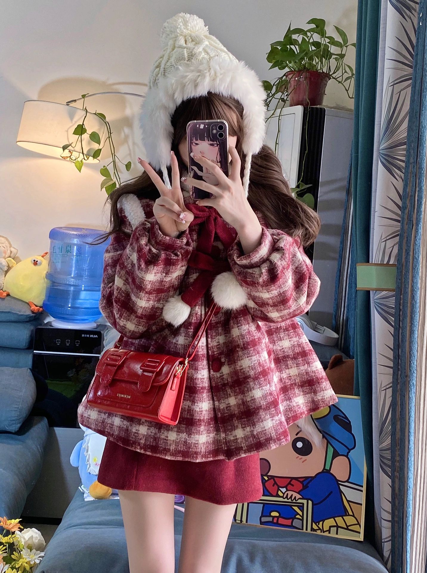 Women's velvet jacket autumn and winter new style small style red plaid short woolen skirt two-piece suit