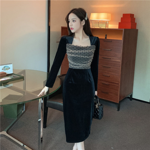 Socialite black velvet dress women's autumn and winter new square neck mesh polka dot bow waist-covering hip long skirt