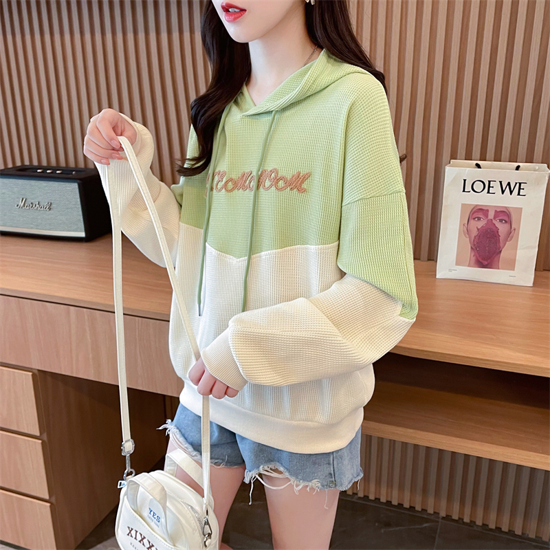 Real shot of 260g waffle CVC350g thread ball machine thin contrast color embroidered hooded sweatshirt for women trendy