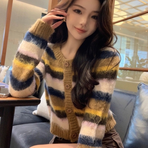 Autumn and winter new style lazy short striped mohair knitted cardigan women's design niche slimming sweater top