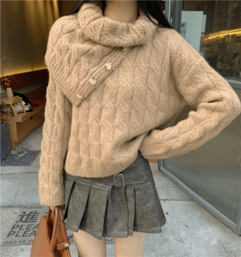 Actual shot of new autumn and winter styles~Fashionable and versatile single-breasted shawl twist sweater women's knitted top suit