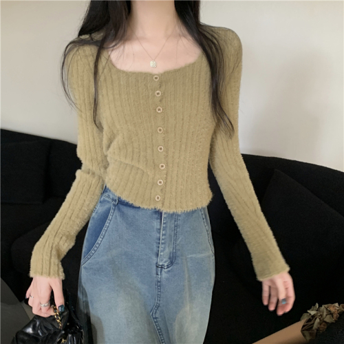 Real shot of new autumn and winter square neck sweater long-sleeved short top women's imitation mink velvet slim sweater