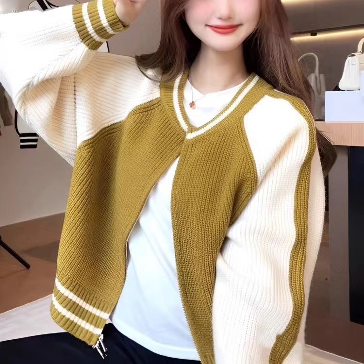 Zippered round neck short knitted cardigan sweater jacket for women autumn and winter 2023 new outer wear loose top for women