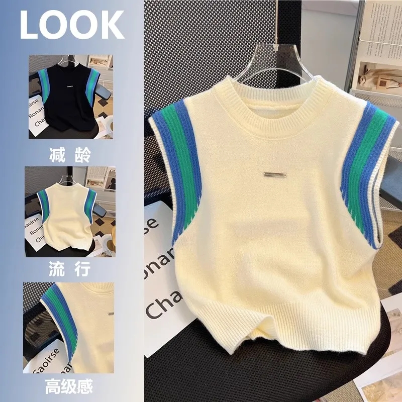 Tmall quality contrast stitching striped sleeveless vest for women summer new retro style outer top