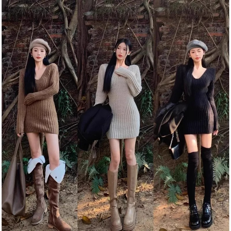 Winter gentle and feminine knitted sweater dress with high waist and slim V-neck long sleeve hip-covering bottoming dress