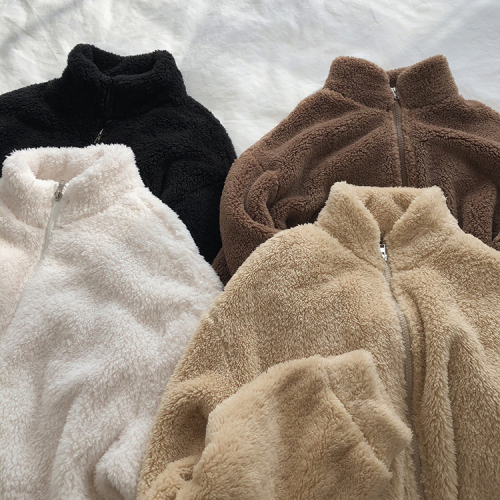 Double-sided plush winter warm loose plush stand collar zipper jacket sweater top