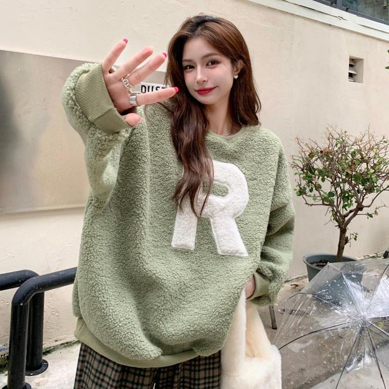 Imitation lamb wool letter thickened round neck sweatshirt for women autumn and winter new style lazy style versatile loose warm top