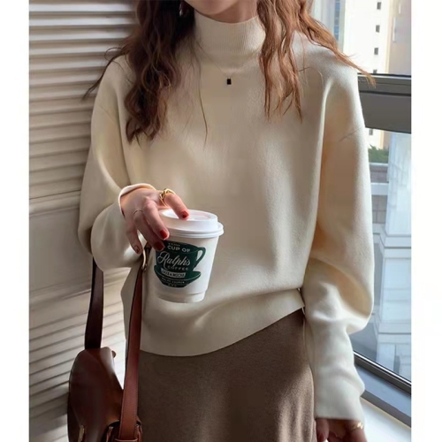 Half turtleneck sweater bottoming shirt for women autumn and winter thickened solid color long-sleeved top 2023 new style western style sweater
