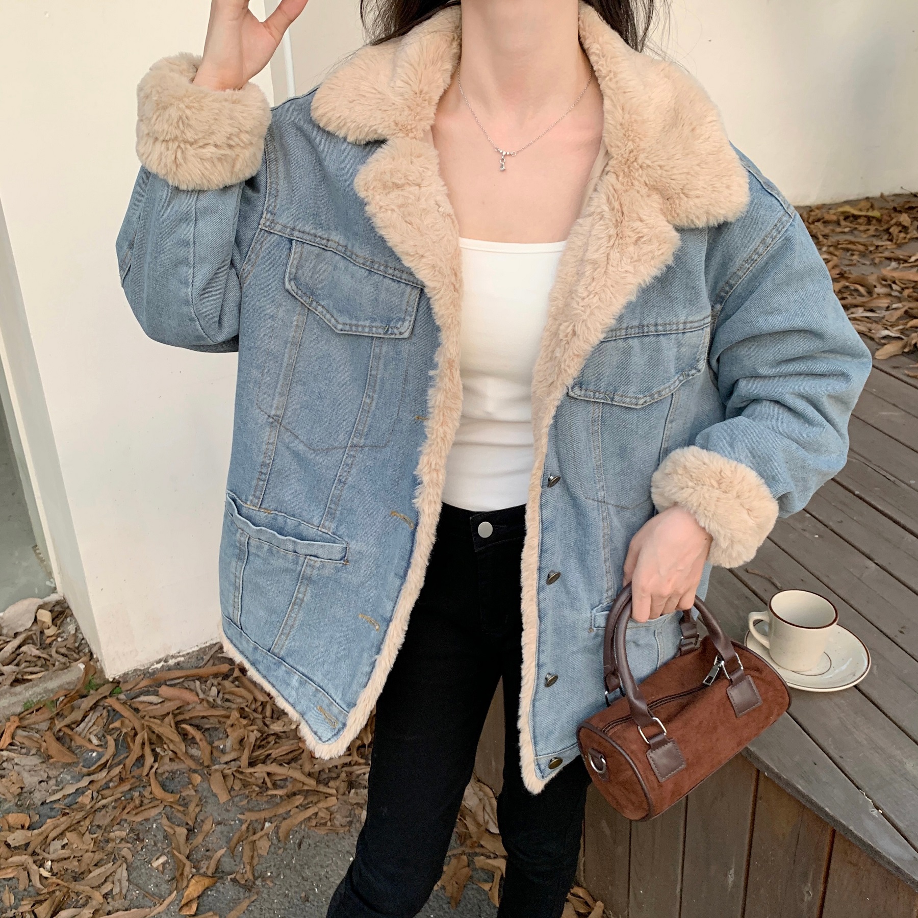 Real shot~Cowboy girl custom velvet denim quilted jacket women's winter toka wool slim top