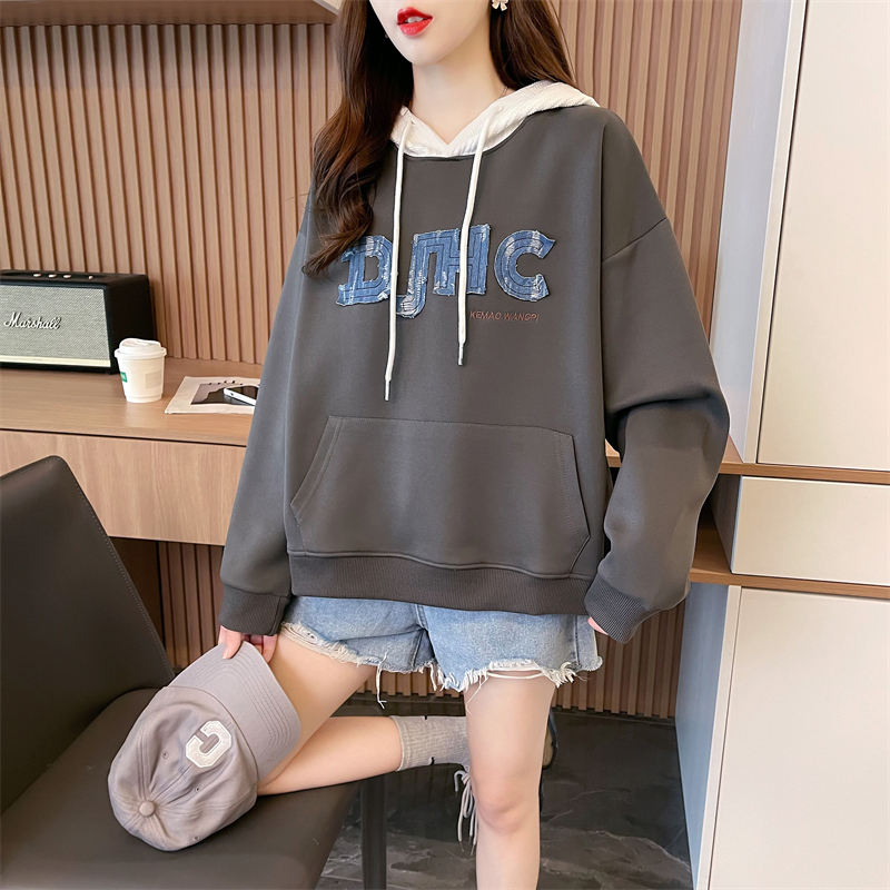 Actual shot 9551#315 imitation cotton Chinese cotton 350CVC Korean style small hooded embroidered thin long-sleeved sweatshirt for women