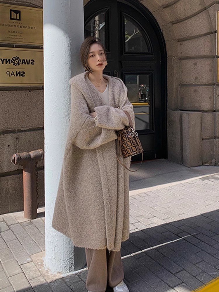 Hooded knitted cardigan for women in autumn and winter mid-length loose outer lazy style cashmere sweater coat bathrobe coat thick