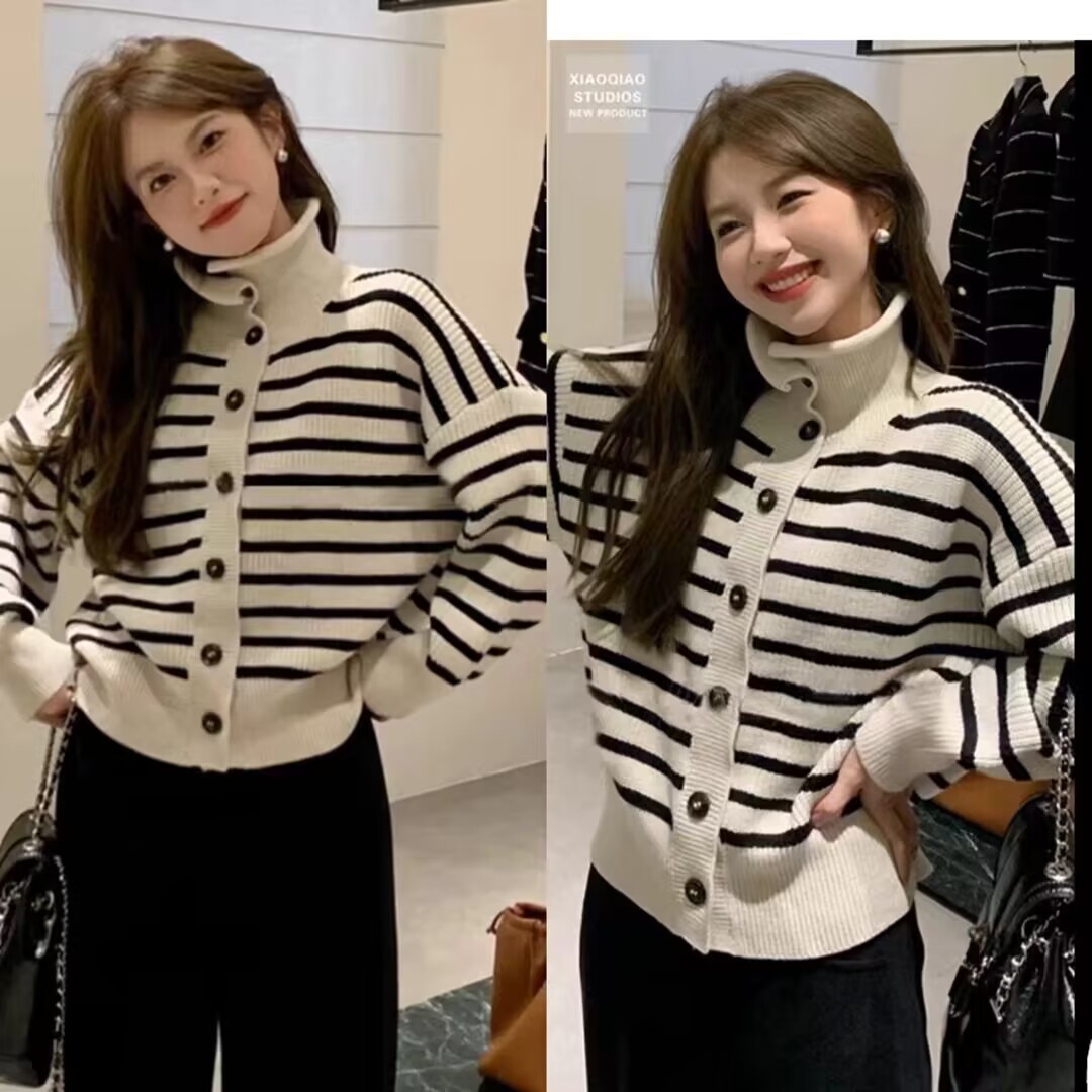 Striped turtleneck sweater for women autumn and winter 2023 new style inner base knitted cardigan jacket
