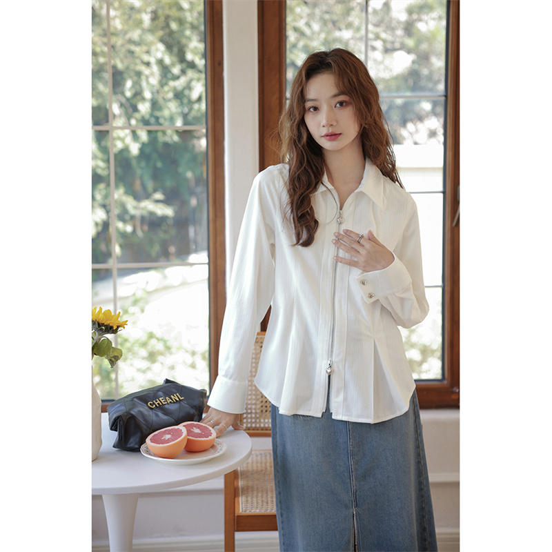White long-sleeved shirt for women 2023 autumn new style French loose double zipper design shirt casual top trendy