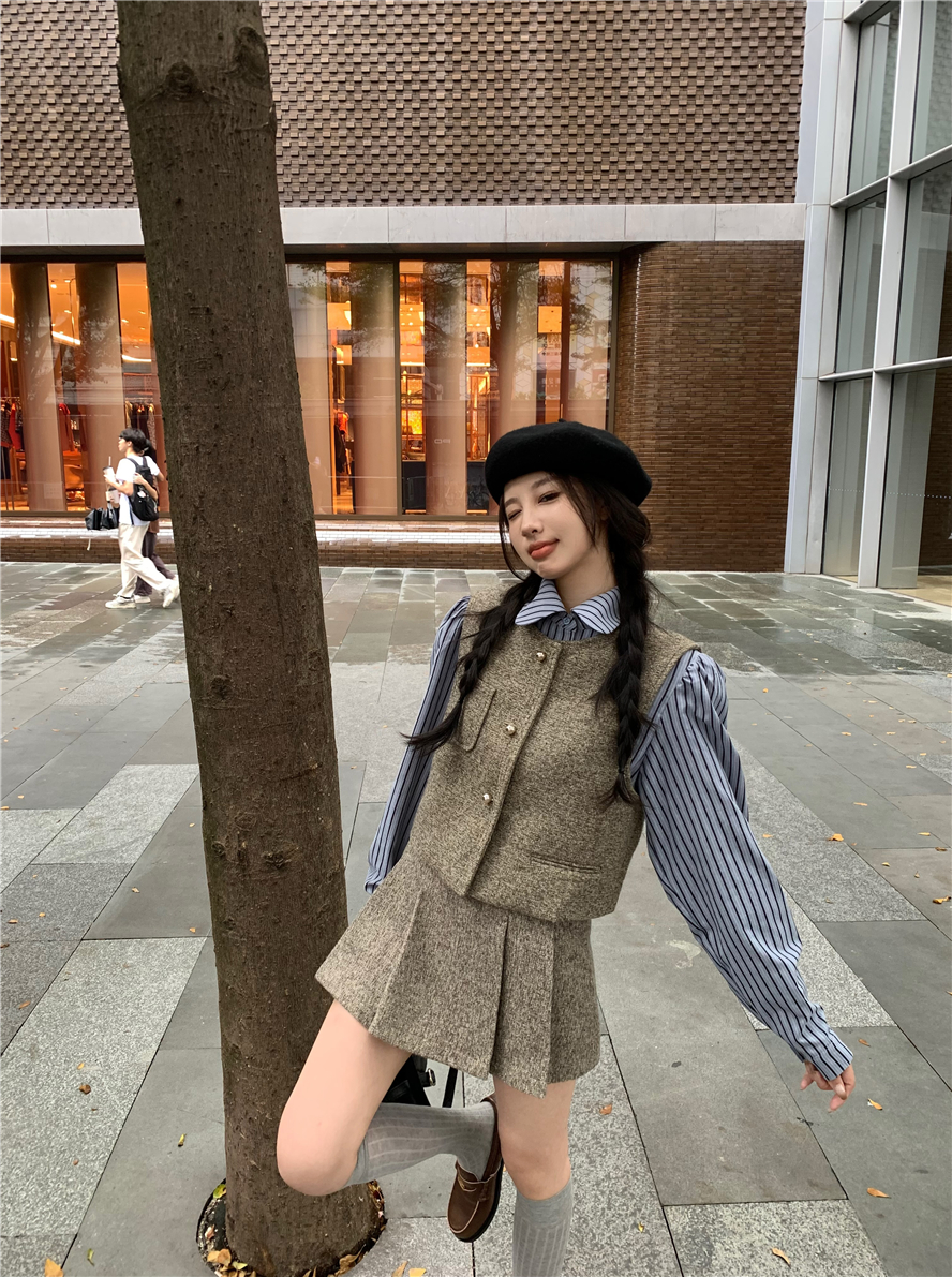 Real shot of Maillard suit, vest, shirt, skirt