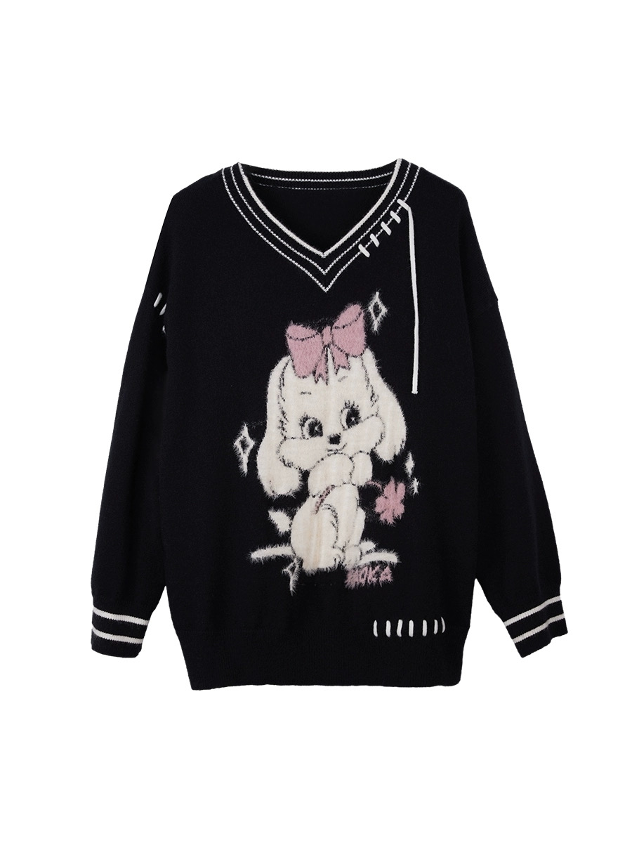 Noisy Home V-neck Knitted Sweater Women's Spring Autumn and Winter Loose Retro Lazy Style Design Niche Jacket Top