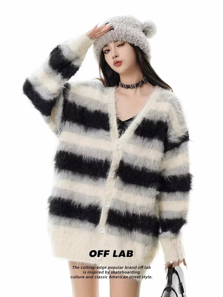 American retro contrast striped turtleneck sweater for women loose autumn and winter new lazy style couple cardigan jacket trend