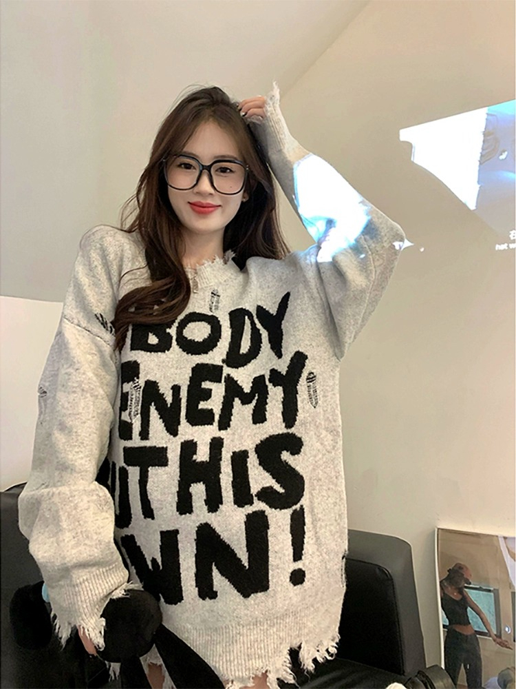 American style ripped sweater for women autumn and winter 2023 new design letter loose mid-length long-sleeved knitted top trendy