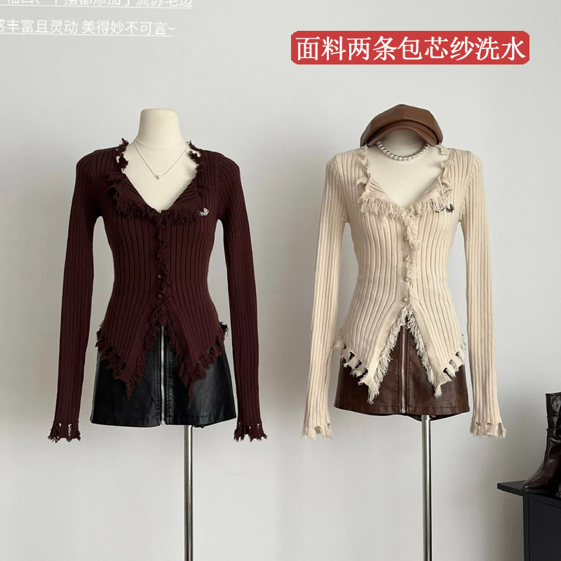 2023 Autumn and Winter New Tassel American Hot Girl Tassel Brown Cardigan Sweater Jacket Women's Woolen Knitted Sweater
