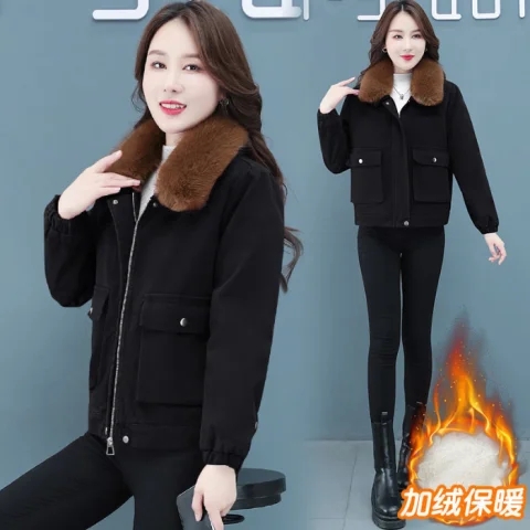 可拆卸毛領小個子短款派克服外套女新款棉衣棉服冬裝