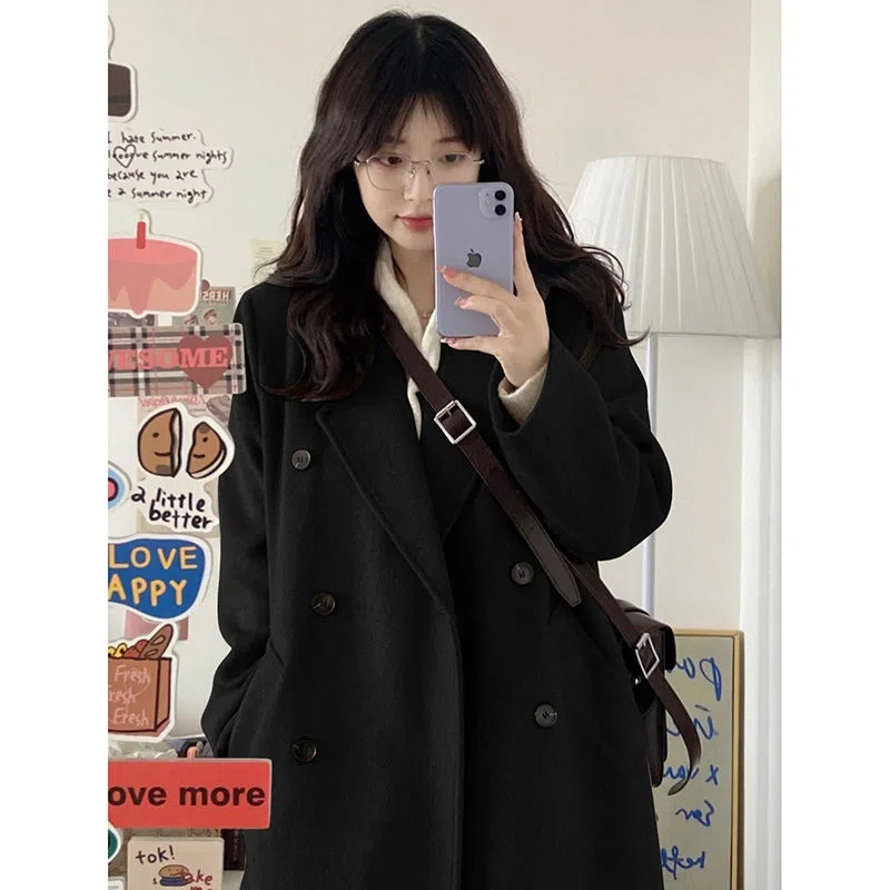 2023 New Student Korean Style Loose Slim Black Woolen Coat Women's Medium Long Thick Woolen Coat