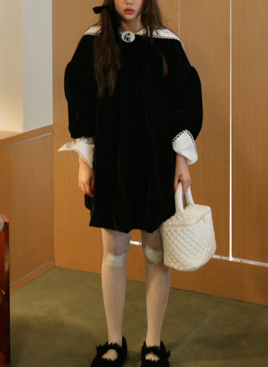 Korean ins winter romantic navy collar shirt dress + tutu skirt black velvet short petite dress