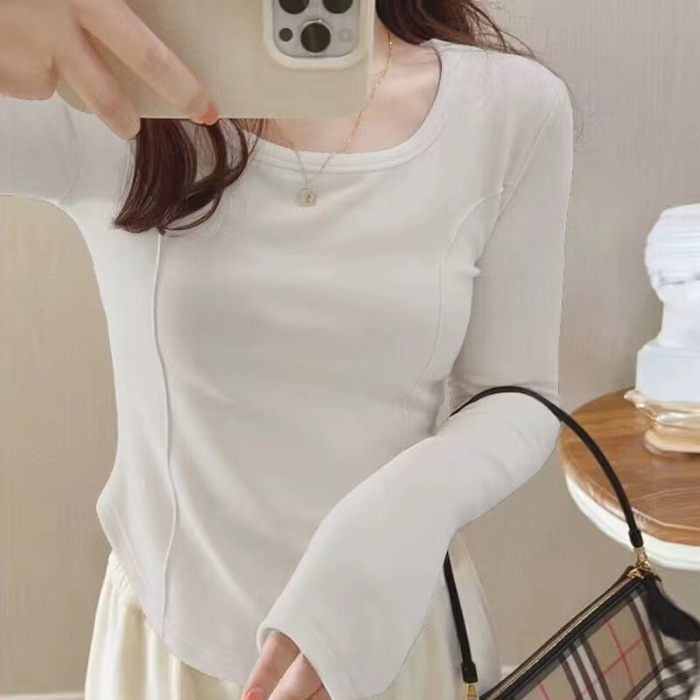 Double-sided German velvet pure lust soft waxy fishbone curved square collar versatile bottoming shirt for women design long-sleeved right shoulder T-shirt