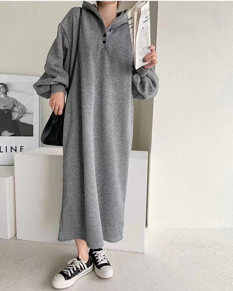 2024 early spring Korean style long-sleeved hooded mid-length dress for women long-sleeved versatile long dress
