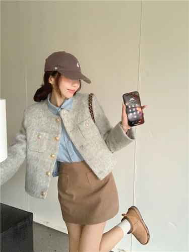 Actual shot~ Blue shirt, corduroy skirt, two-piece set for women, stylish gray quilted jacket