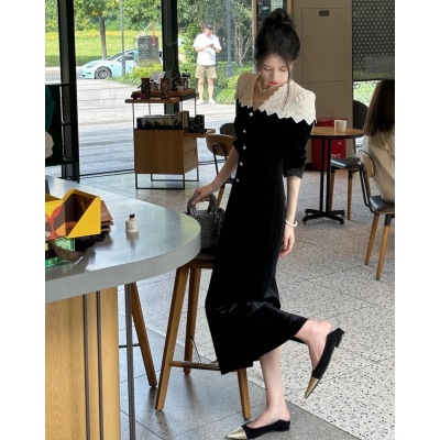Luo--X308L5803 half plum blossom half autumn and winter fashion splicing mid-length dress slim long-sleeved long skirt