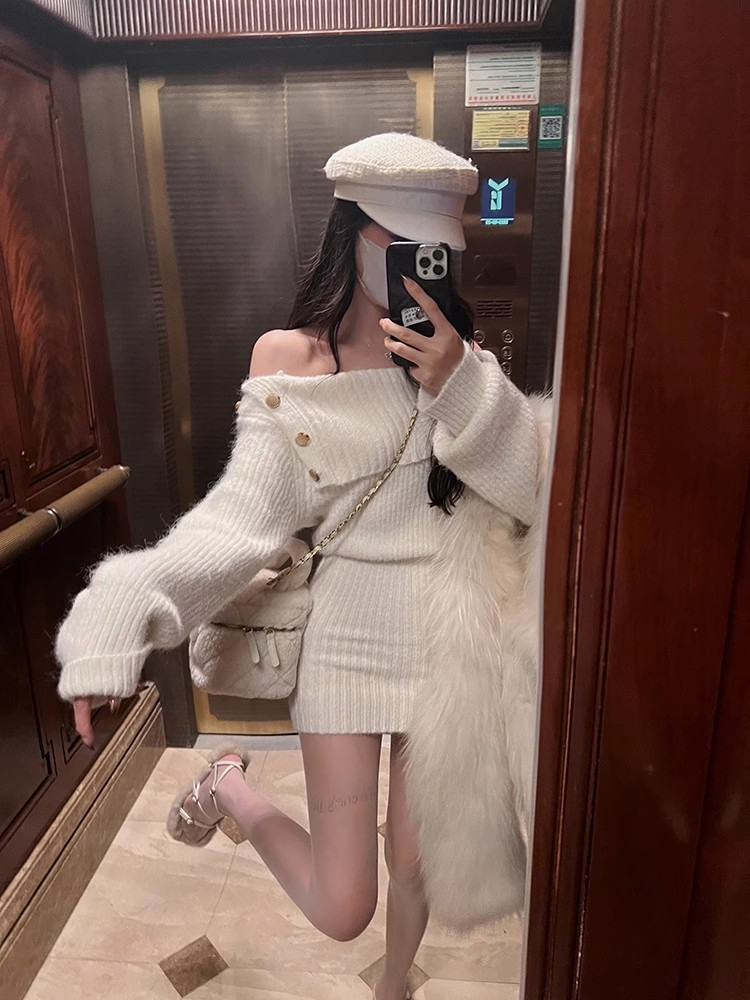 IN MIMIFACE white one-shoulder wool dress women's autumn new off-shoulder sexy pure desire slim skirt
