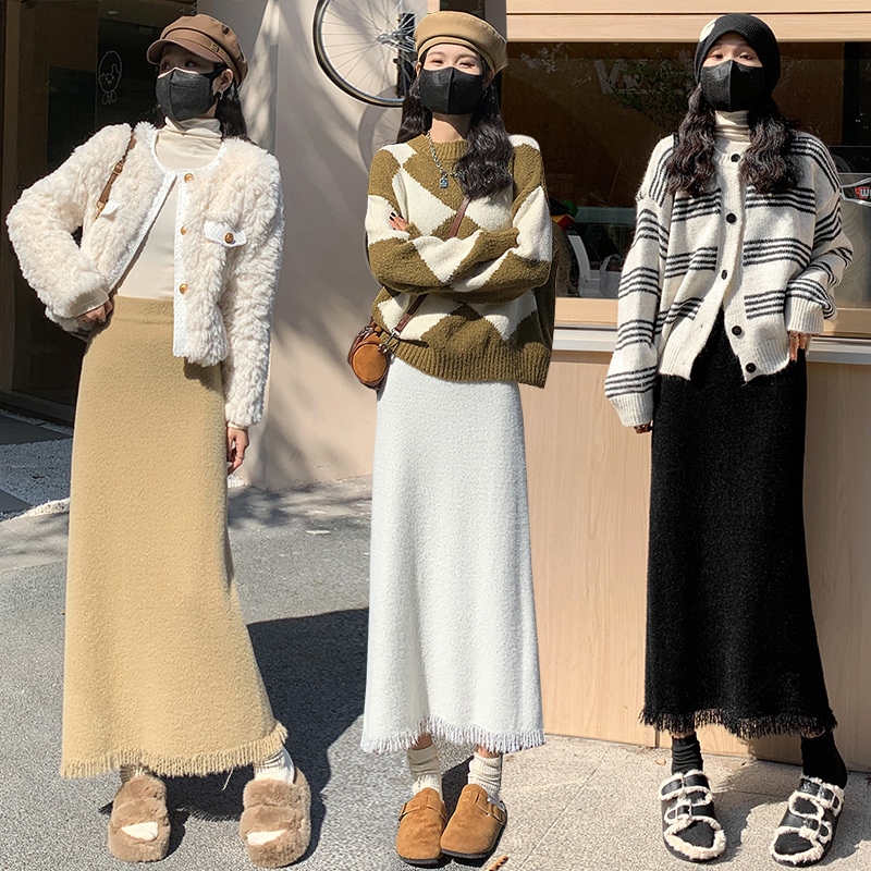 實拍加厚軟糯水貂絨針織半身裙女2023秋冬高腰直筒裙A字中長裙子
