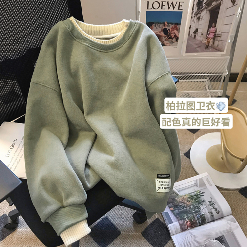 Little C's fake two-piece velvet round neck sweatshirt for women 2023 new autumn and winter simple and versatile casual pullover top