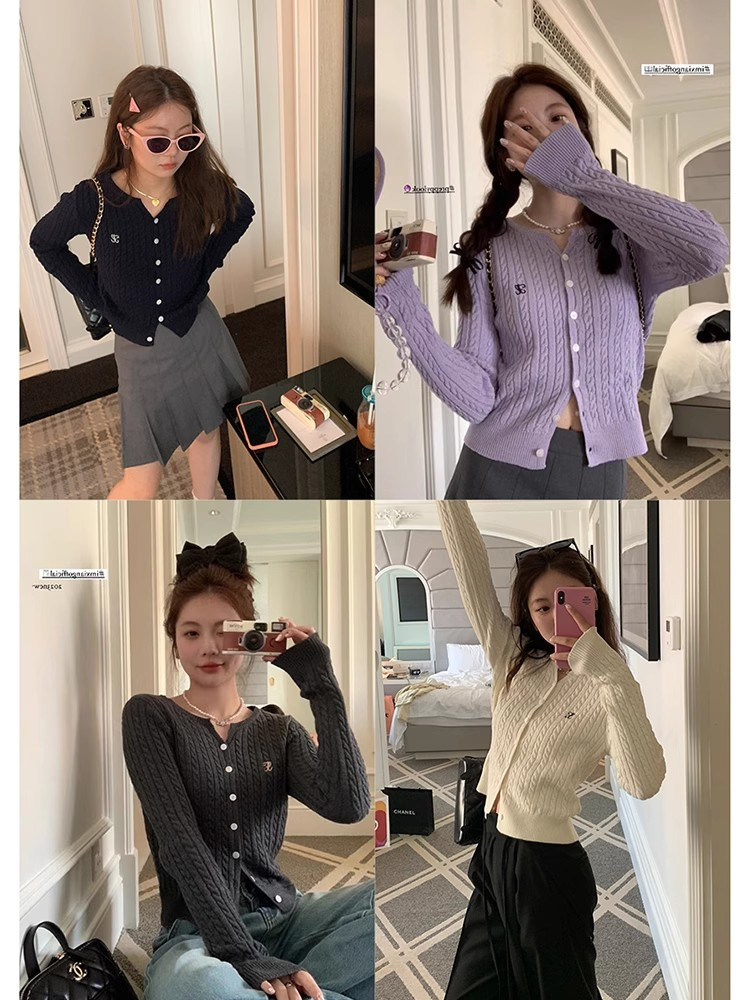 im Jennifer senior V-neck twist texture sweater jacket women's spring lazy contrast color letter embroidered top