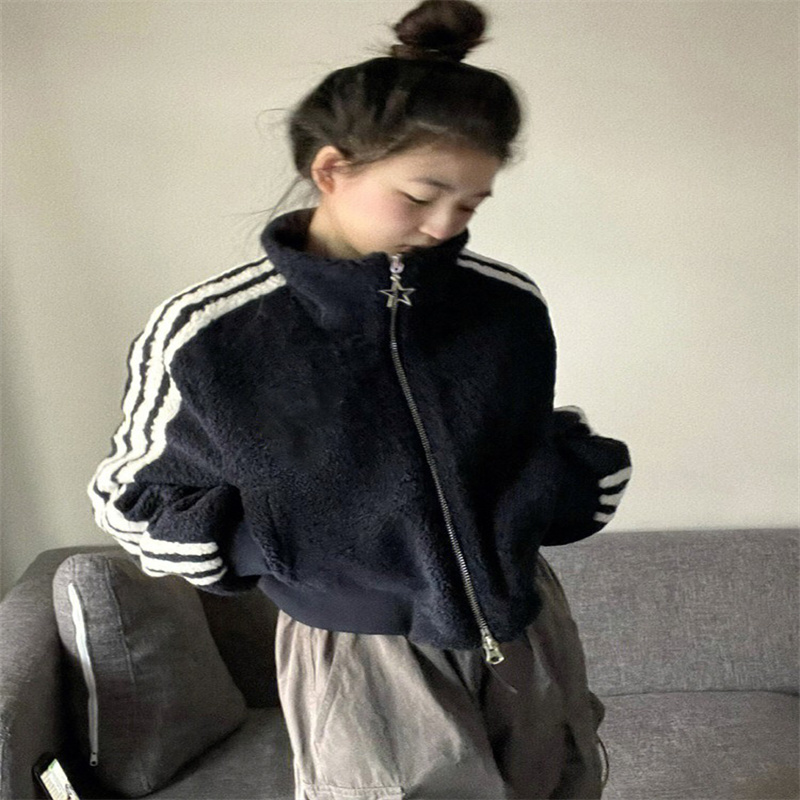 羊羔毛棉服外套女韓版立領加厚短款冬季美式復古寬鬆百搭開衫上衣