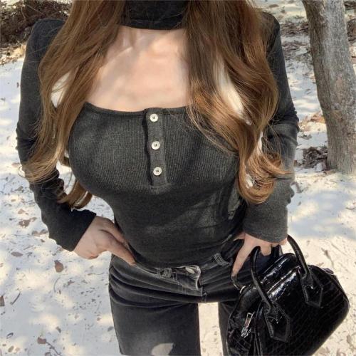 New style halterneck square neck long-sleeved right-shoulder sweater for women autumn and winter slim-fit waisted short inner-layer base layer top