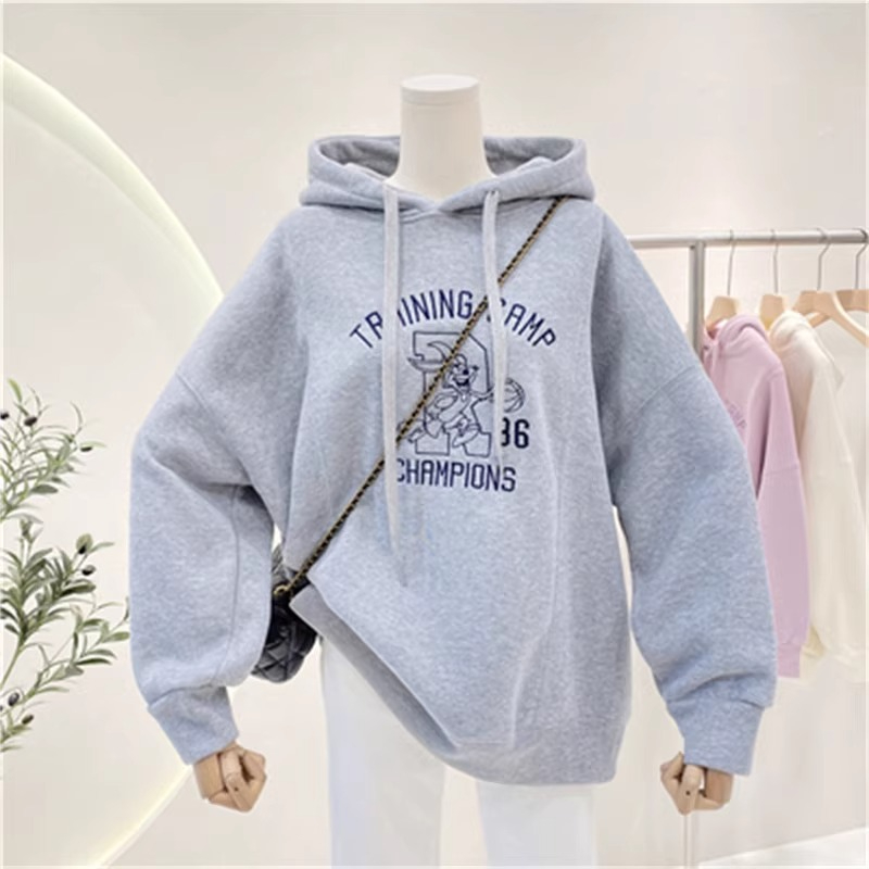 原版做工2023新款秋冬加絨加厚寬鬆刺繡兔子連帽衛衣女長袖外套