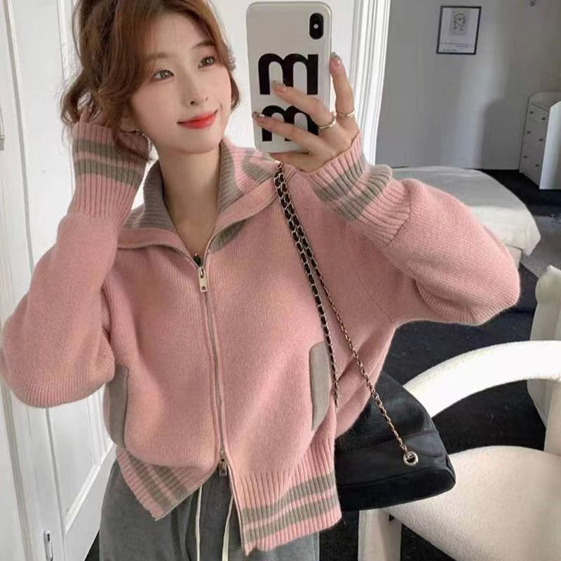 New Lapel Zipper Sweater Jacket Women's Design Niche Loose Short Knitted Cardigan Versatile Outer Top