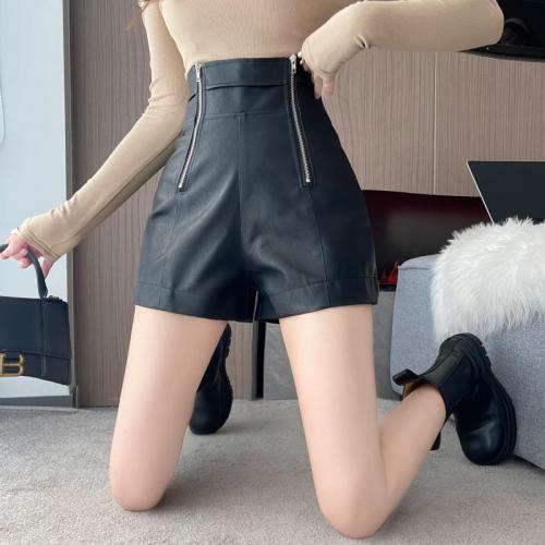 ***~Real shot of high-waisted double zipper pu leather shorts hot girl boot pants women autumn and winter