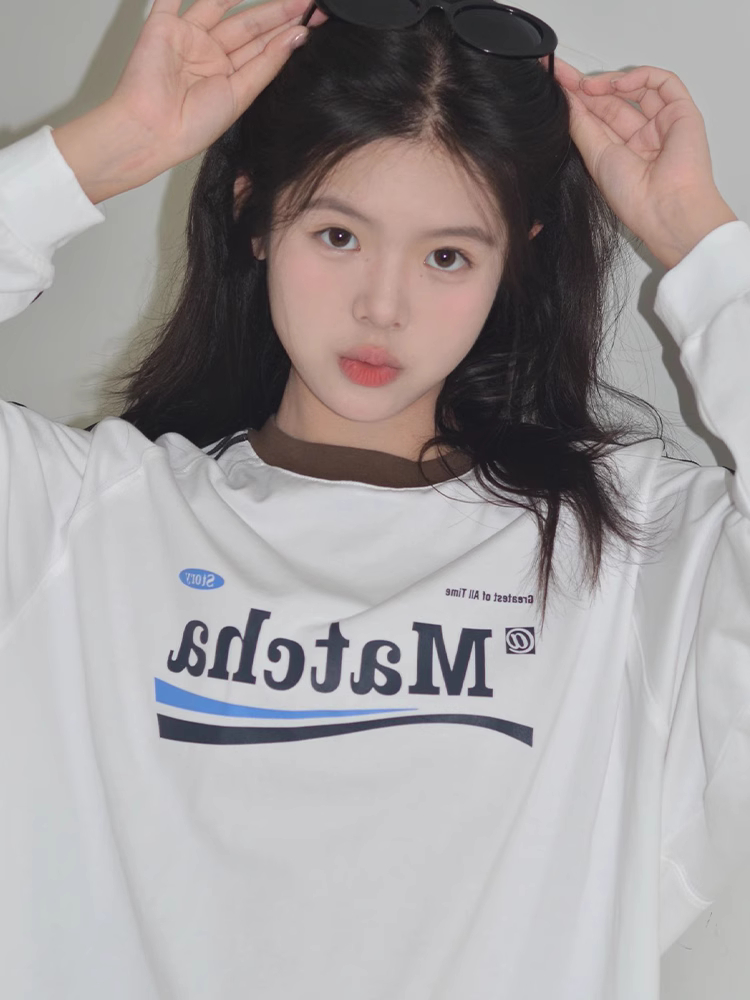 Imitation cotton Chinese cotton compound milk silk 320g college style letter print contrasting color round neck sweatshirt for women loose thickened