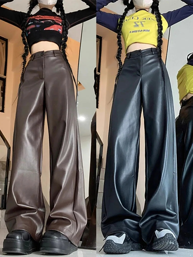 American retro high-end PU leather casual pants for women, autumn high-waisted slim leather pants, wide-leg pants, floor-length long pants, trendy