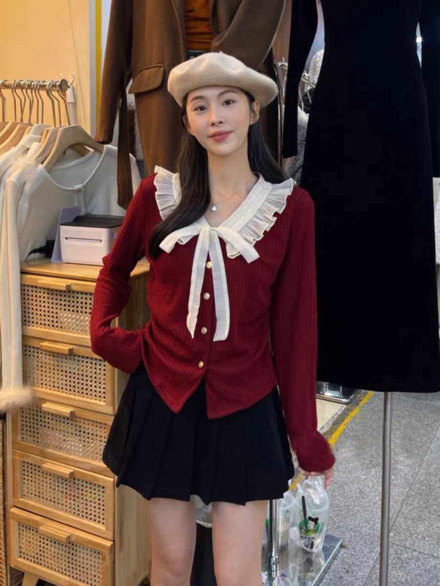 GS2023年冬季新款黑色毛衣外套女獨特設計感蝴蝶系帶針織